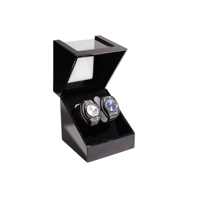 Winderly Carina remontoir de montre automatique noir pour deux montres avec finition élégante et couvercle ouvert