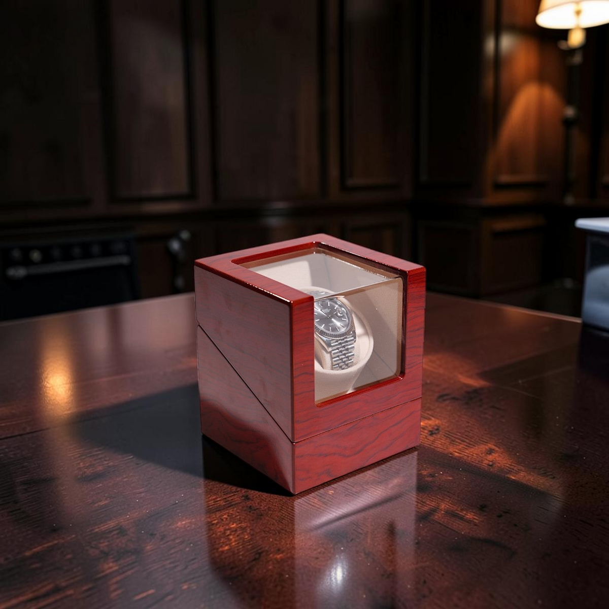 Remontoir de montre automatique Winderly Carina en bois verni rouge avec fenêtre de visualisation transparente