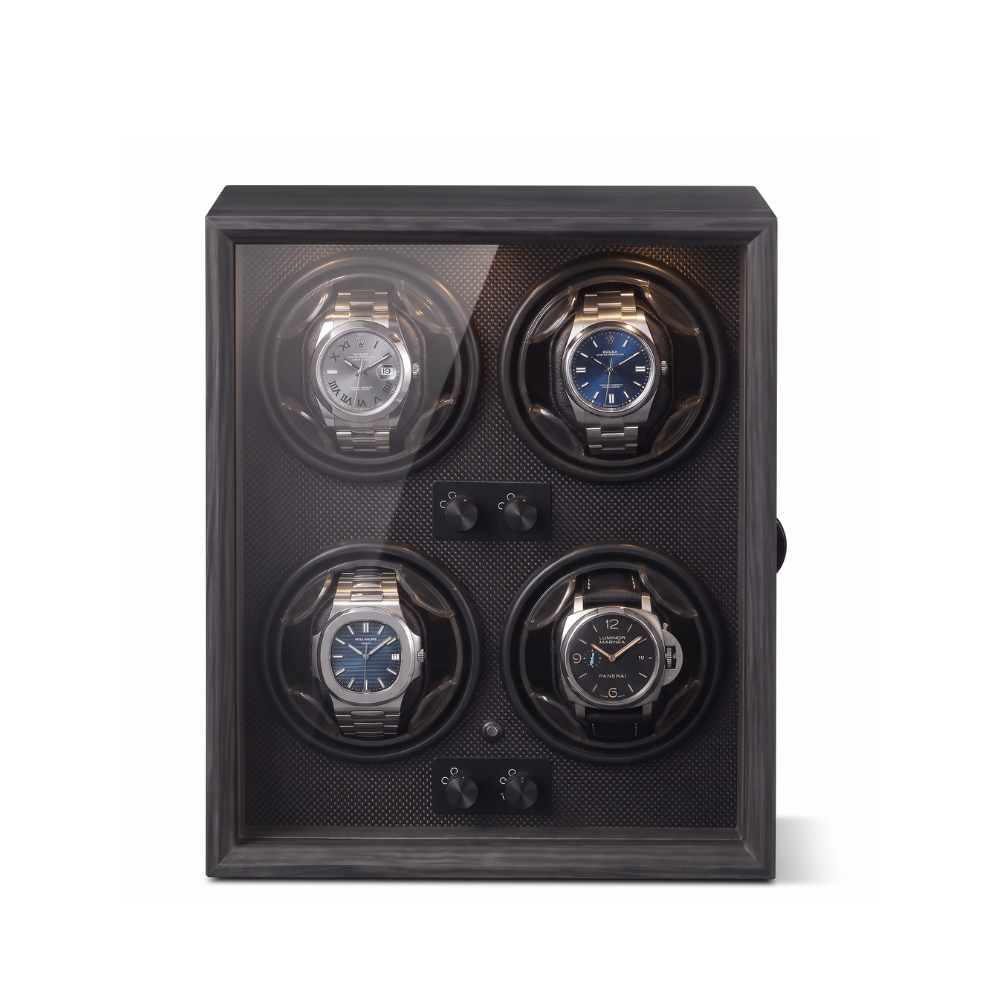 The Belgravia 4 watch winder in dark wood with glass front