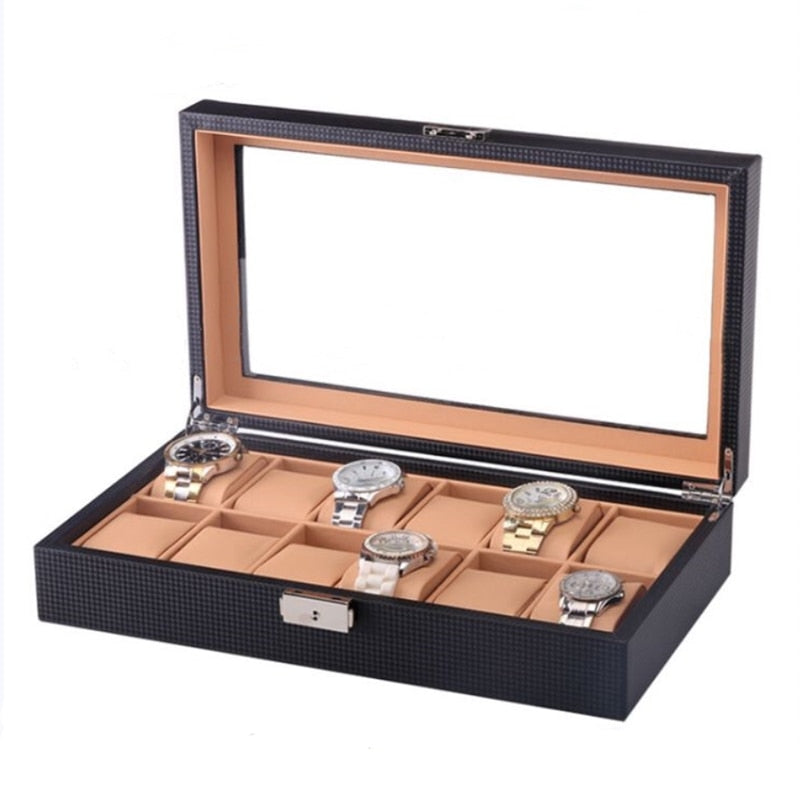 Carbon Fiber Watch Box – 12 Watches, Black & Beige | Winderly