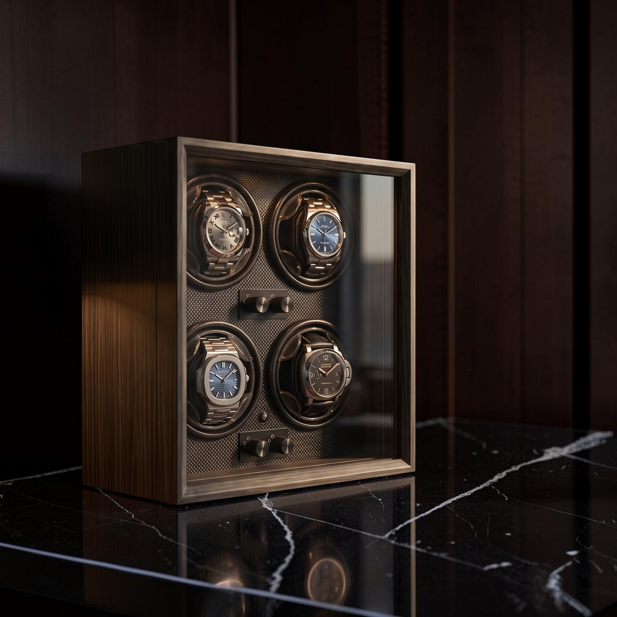 The Belgravia 4 watch winder on a wooden sideboard