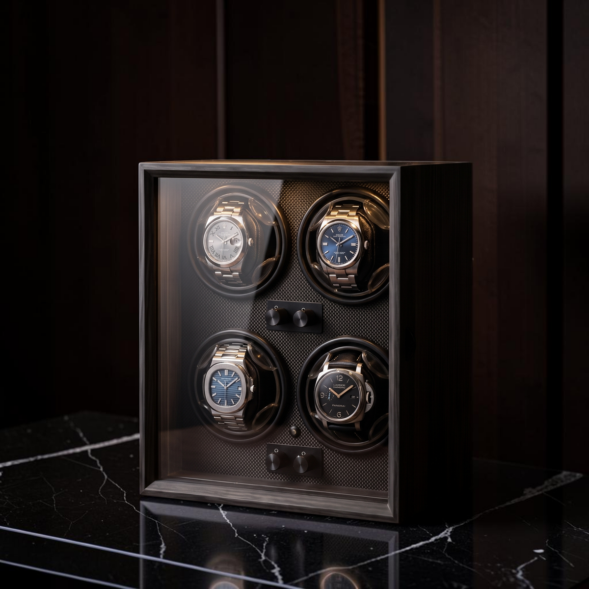 The Belgravia 4 watch winder on a desk