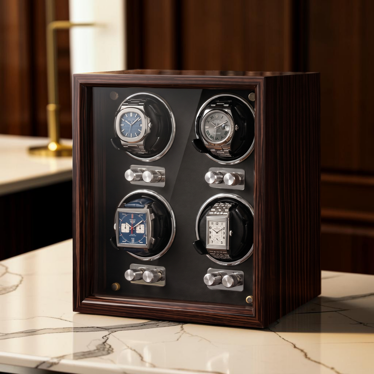 The Hampstead 4 watch winder on a desk