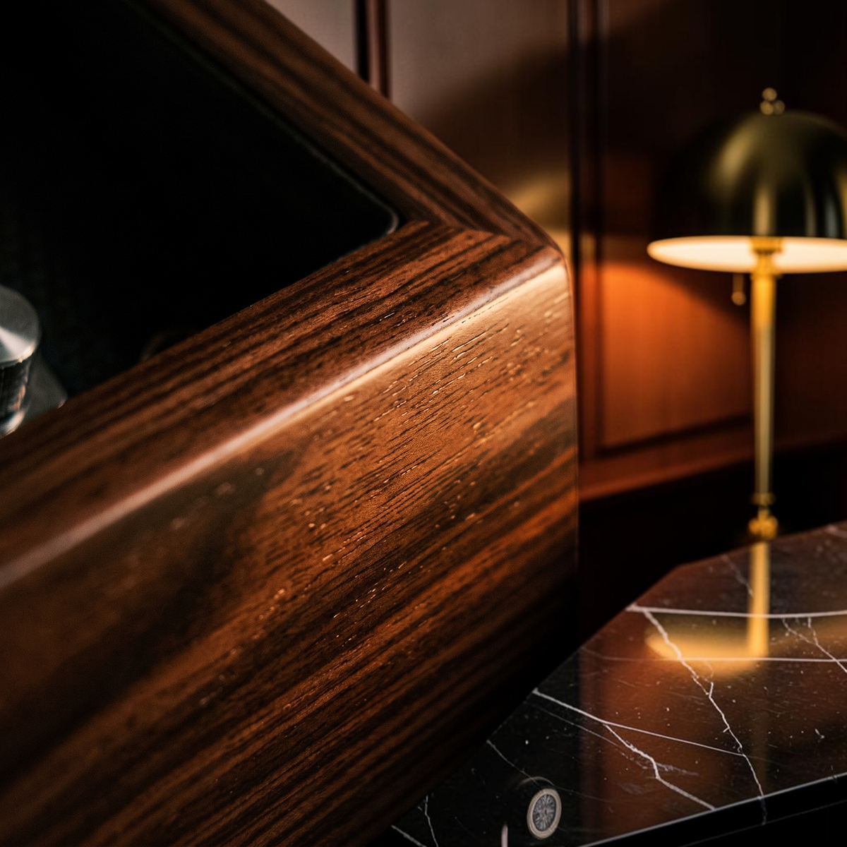 Close-up of the Grosvenor 6 watch winder walnut-finish cabinet