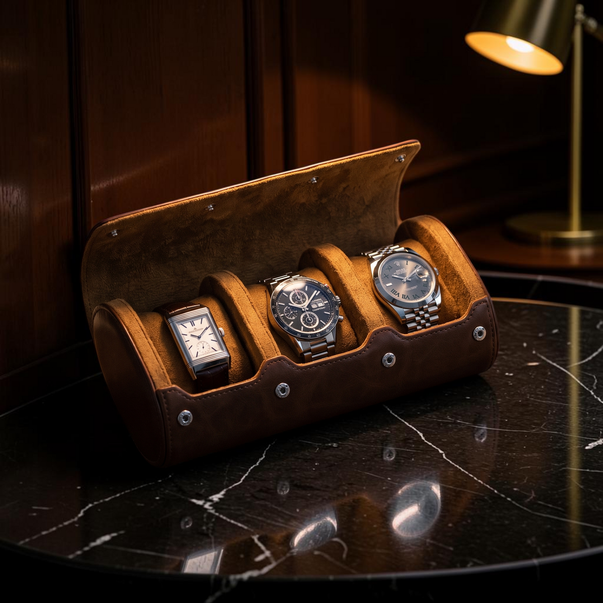 The Burlington 3 watch travel case holding three watches