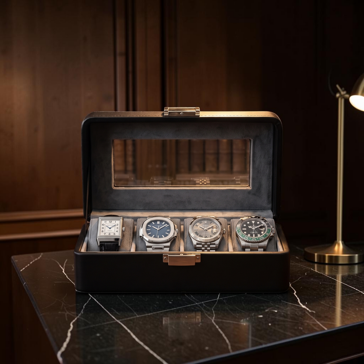 The Marylebone 4 watch box with grey suede-touch interior