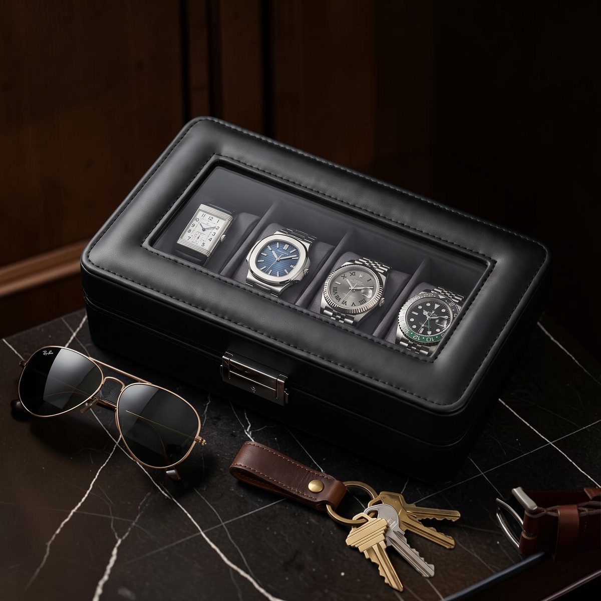 The Marylebone 4 watch box with glass lid in a drawer