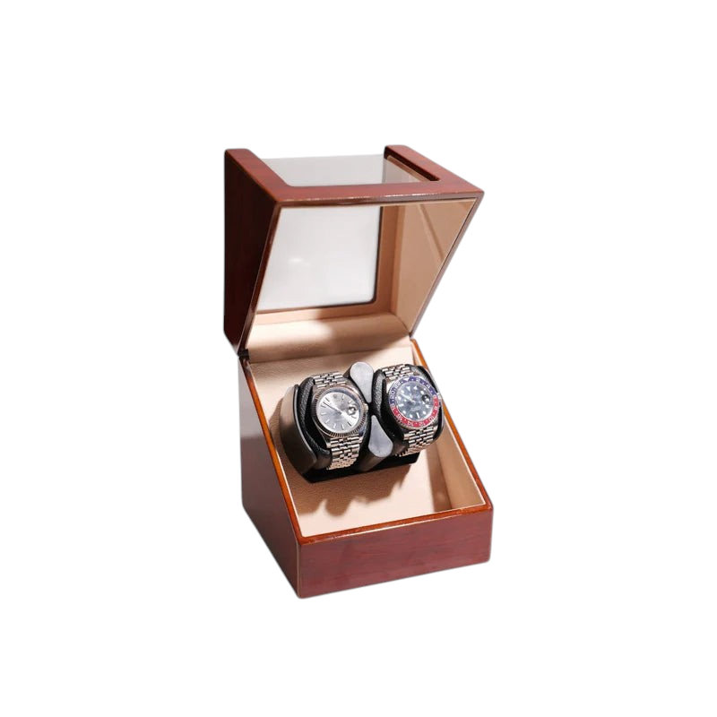 Winderly Carina, remontoir de montre automatique en bois verni avec intérieur beige pour deux montres de luxe