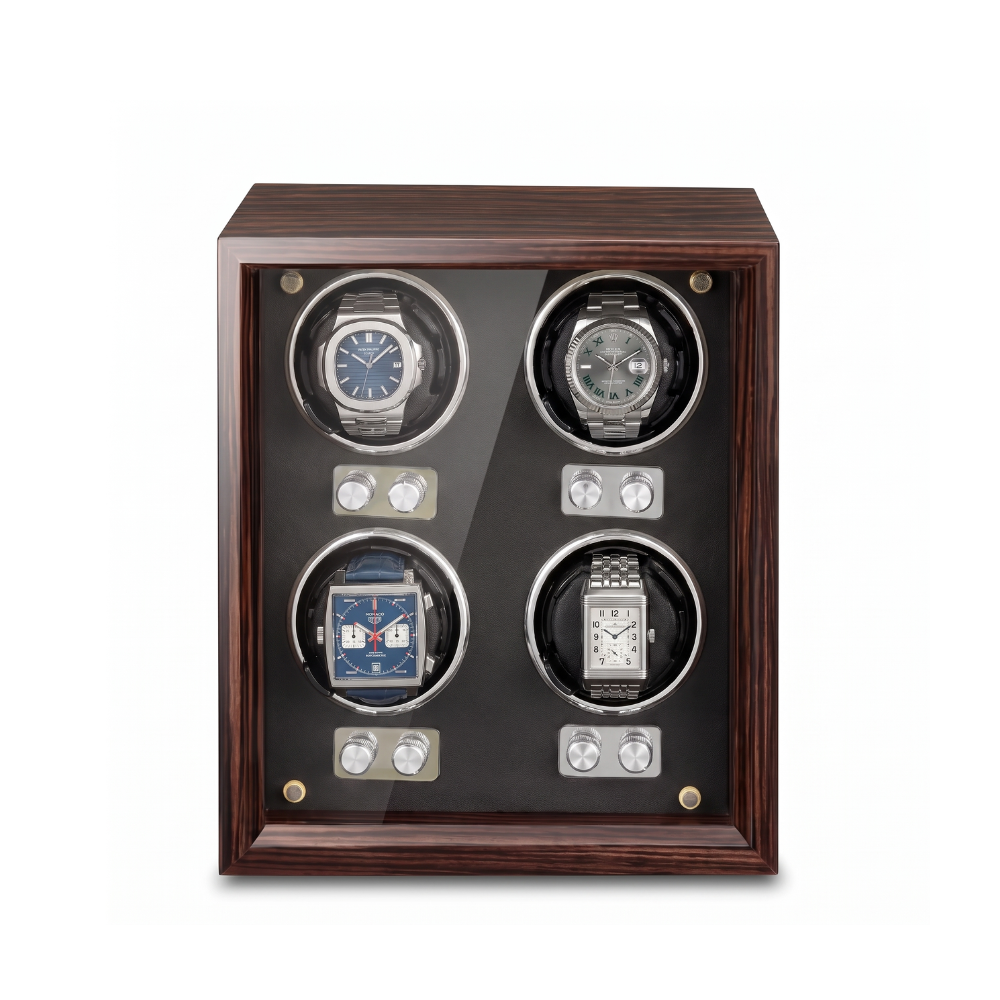 The Hampstead 4 watch winder in walnut finish with glass front