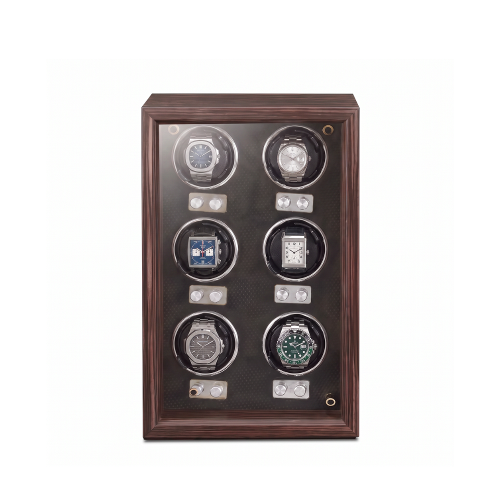 The Grosvenor 6 watch winder in walnut finish with glass front