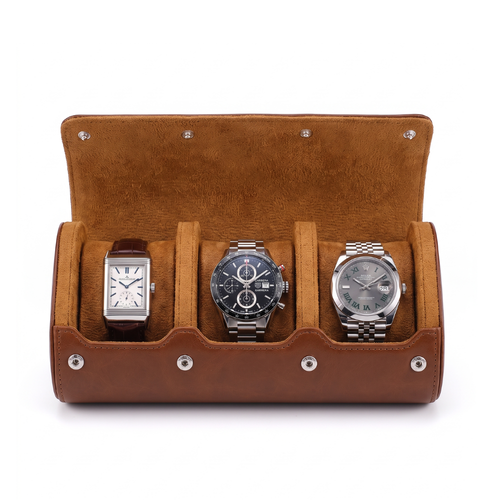 The Burlington 3 watch travel case in brown leather with beige lining