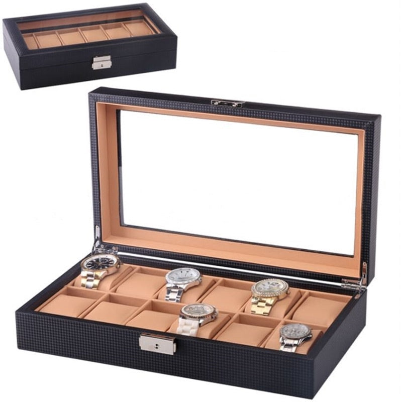 Carbon Fiber Watch Box – 12 Watches, Black & Beige | Winderly