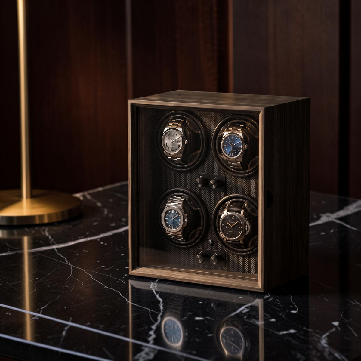 The Belgravia 4 watch winder in dark wood with glass front and individual settings