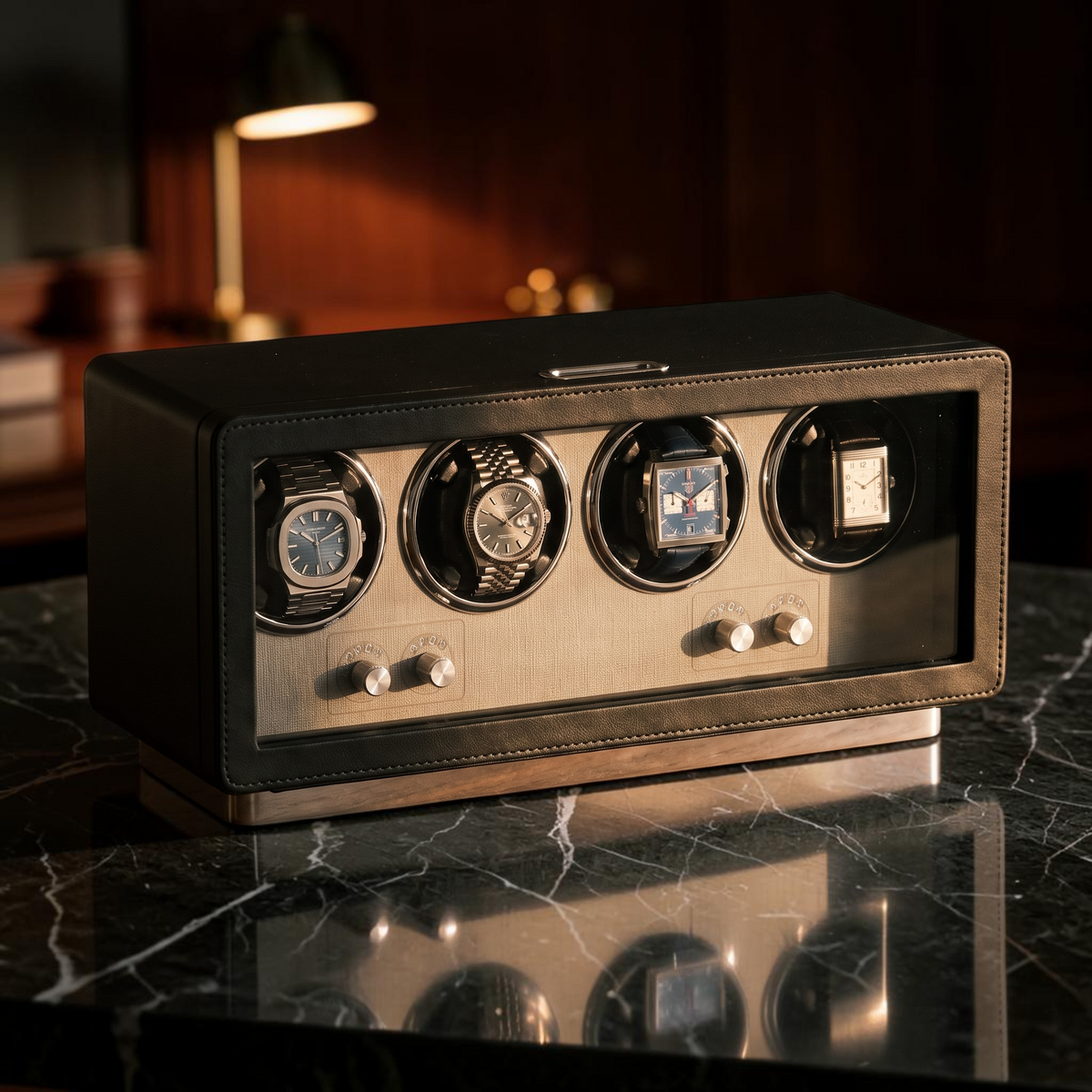 The Savile 4 watch winder with brushed steel details