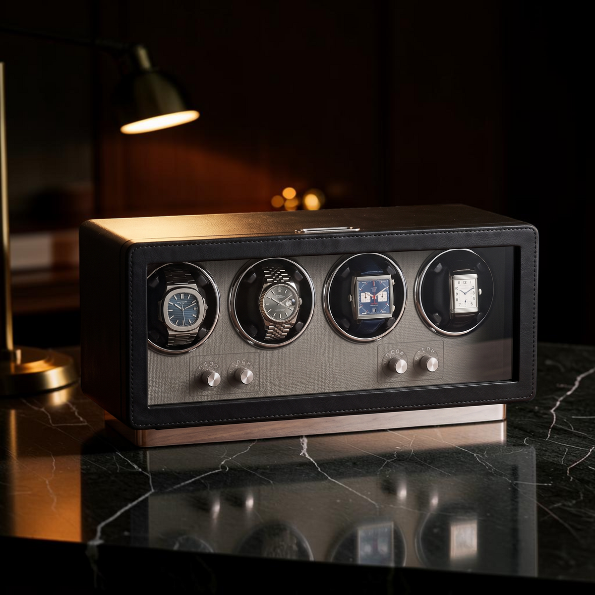 The Savile 4 watch winder holding four automatic watches