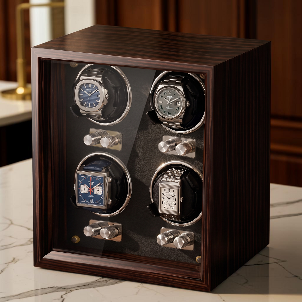The Hampstead 4 watch winder in walnut finish with individual settings