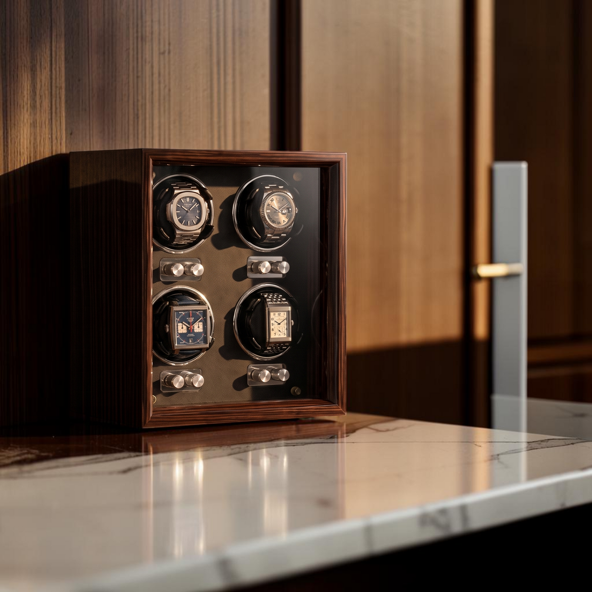 The Hampstead 4 watch winder on a sideboard